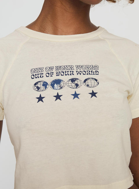 side view of model wearing Princess Polly Outta This World Tee Cream Short Sleeves Crew Neck 
