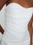 Strapless mini dress Boning throughout, invisible zip fastening at back, pleats at bust Non-stretch material, fully lined