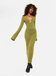 Front view of model wearing  front Princess Polly High Neck  Balart Long Sleeve Maxi Dress Green