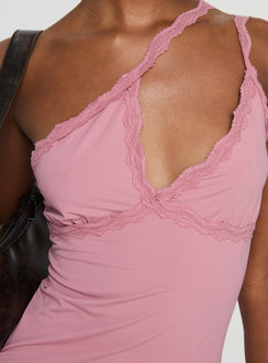 back view of model wearing Princess Polly Antonella Mini Dress Pink Asymmetric Neckline 