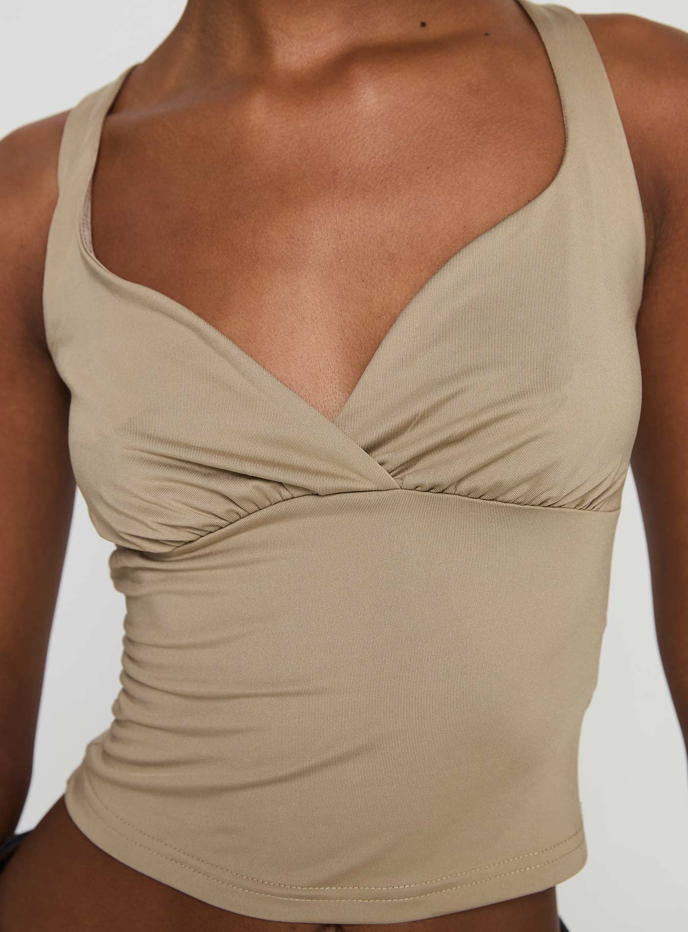 back view of model wearing Princess Polly Wandella Tank Beige Sleeveless Sweetheart 