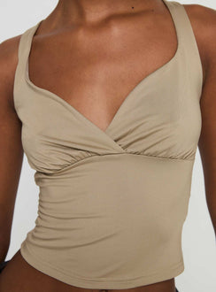 back view of model wearing Princess Polly Wandella Tank Beige Sleeveless Sweetheart 