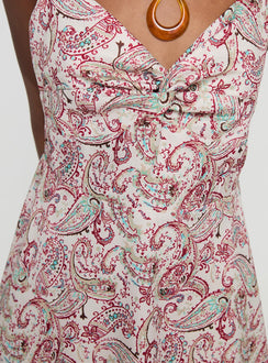 back view of model wearing Princess Polly Farrelli Mini Dress Multi / Paisley V-Neck 