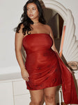 front view of model wearing Princess Polly Quinlan Strapless Mini Dress Red Curve Straight Neck 