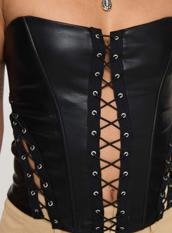 back view of model wearing Princess Polly Emberlyn Faux Leather Corset Top Black Sleeveless straight 