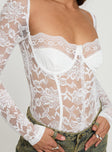 back view of model wearing Princess Polly Cadrot Long Sleeve Lace Bodysuit White Full Sleeves Sweetheart 