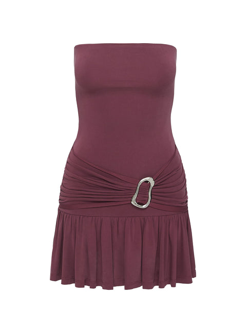 side view of model wearing Princess Polly Love Lingers Strapless Mini Dress Burgundy Petite Straight Neck 