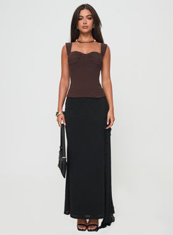 front view of model wearing Princess Polly Kyrie Longline Corset Top Brown Sleeveless Sweetheart 