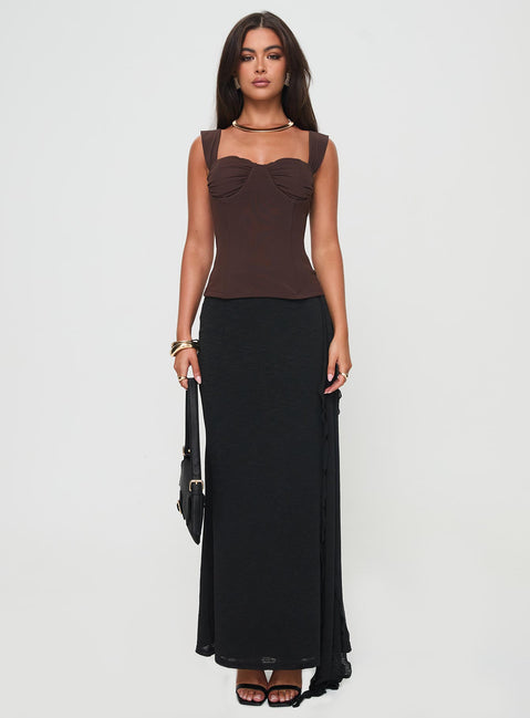 front view of model wearing Princess Polly Kyrie Longline Corset Top Brown Sleeveless Sweetheart 