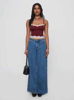 back view of model wearing Princess Polly Top Model Cami Burgundy Sleeveless Sweetheart 