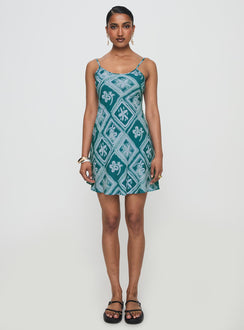 front view of model wearing Princess Polly Vittorio Bias Cut Mini Dress Blue Scoop Neck 