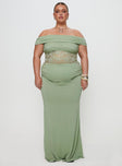 front view of model wearing Princess Polly Gwendolen Off The Shoulder Maxi Dress Green Curve Straight Neck 