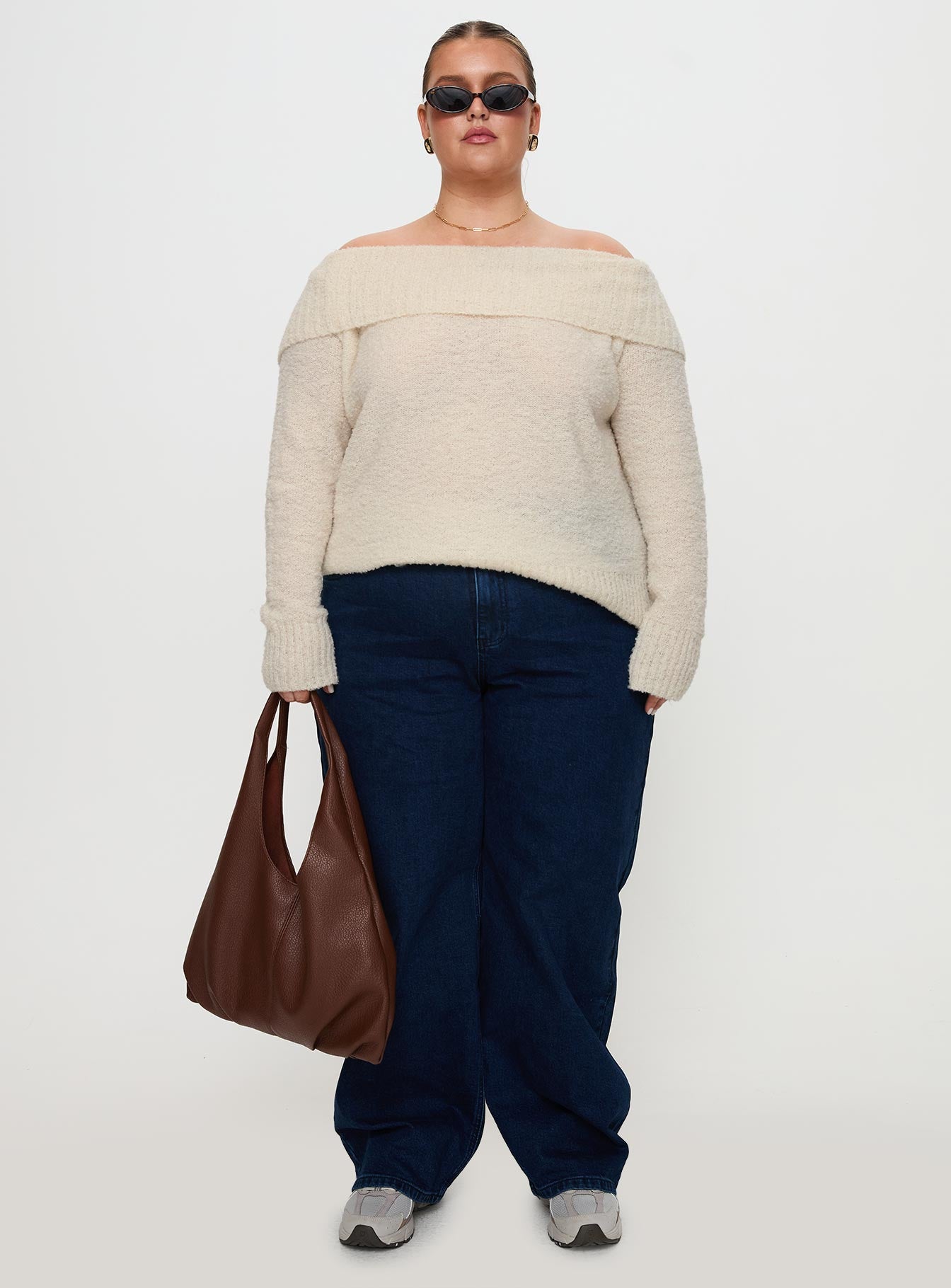 front view of model wearing Princess Polly Parkley Boucle Off The Shoulder Cream Curve 