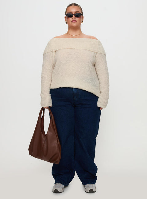 front view of model wearing Princess Polly Parkley Boucle Off The Shoulder Cream Curve 