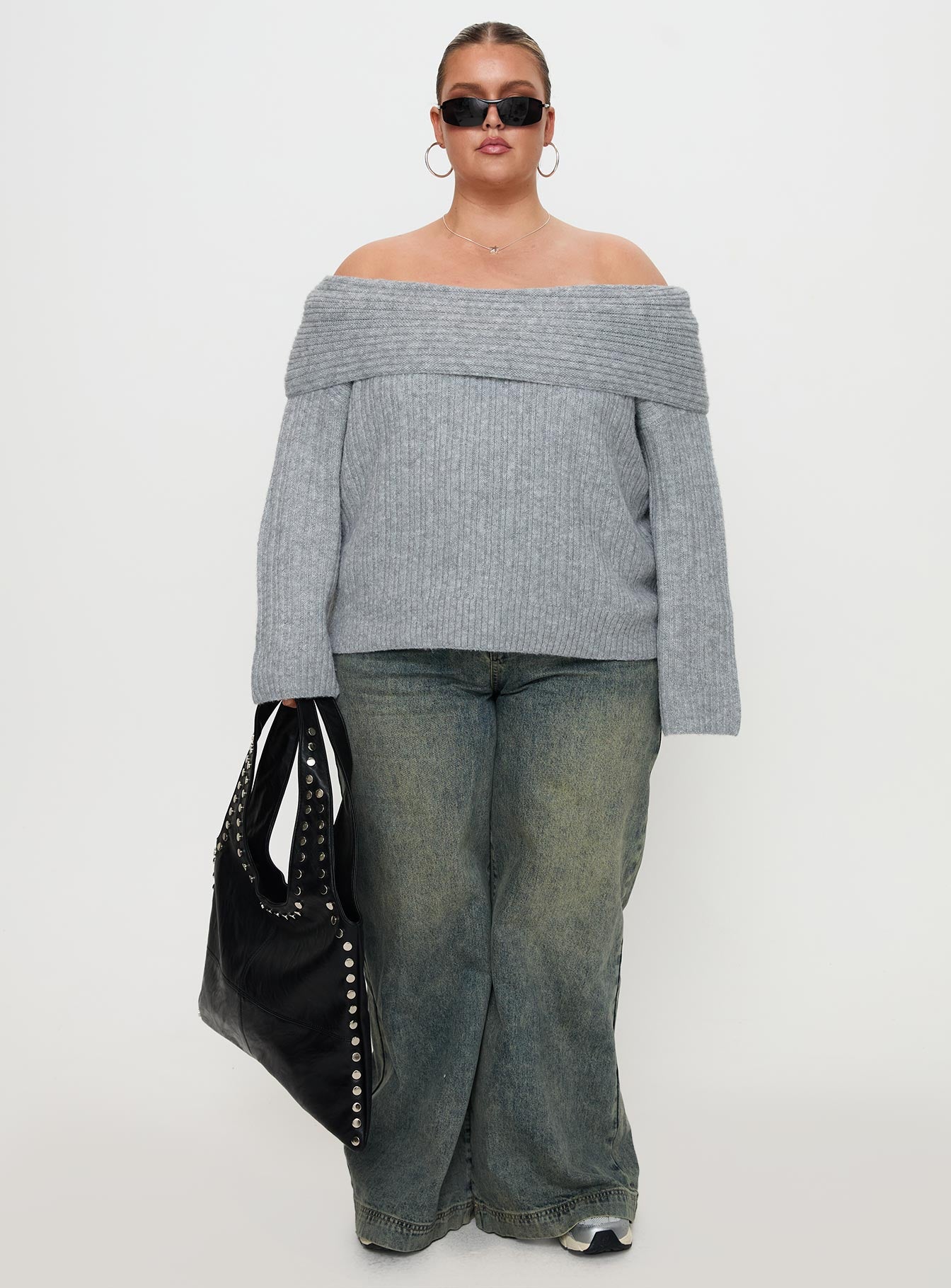 side view of model wearing Princess Polly Snowie Off Shoulder Knit Sweater Grey Curve 
