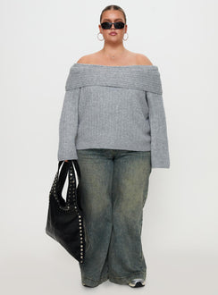 side view of model wearing Princess Polly Snowie Off Shoulder Knit Sweater Grey Curve 