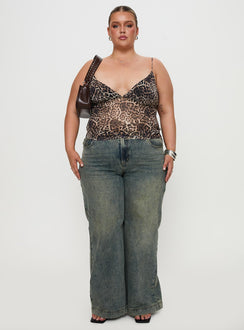 front view of model wearing Princess Polly Fast Times Top Leopard Curve Sleeveless Plunger 