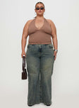 front view of model wearing Princess Polly Whimsy Halter Top Chocolate Curve Sleeveless Plunger 