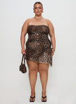 front view of model wearing Princess Polly Donelli Mini Dress Leopard Curve Straight Neck 