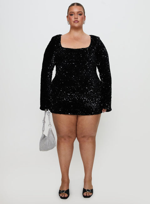 front view of model wearing Princess Polly Vinelle Long Sleeve Mini Dress Black Curve Square Neck 