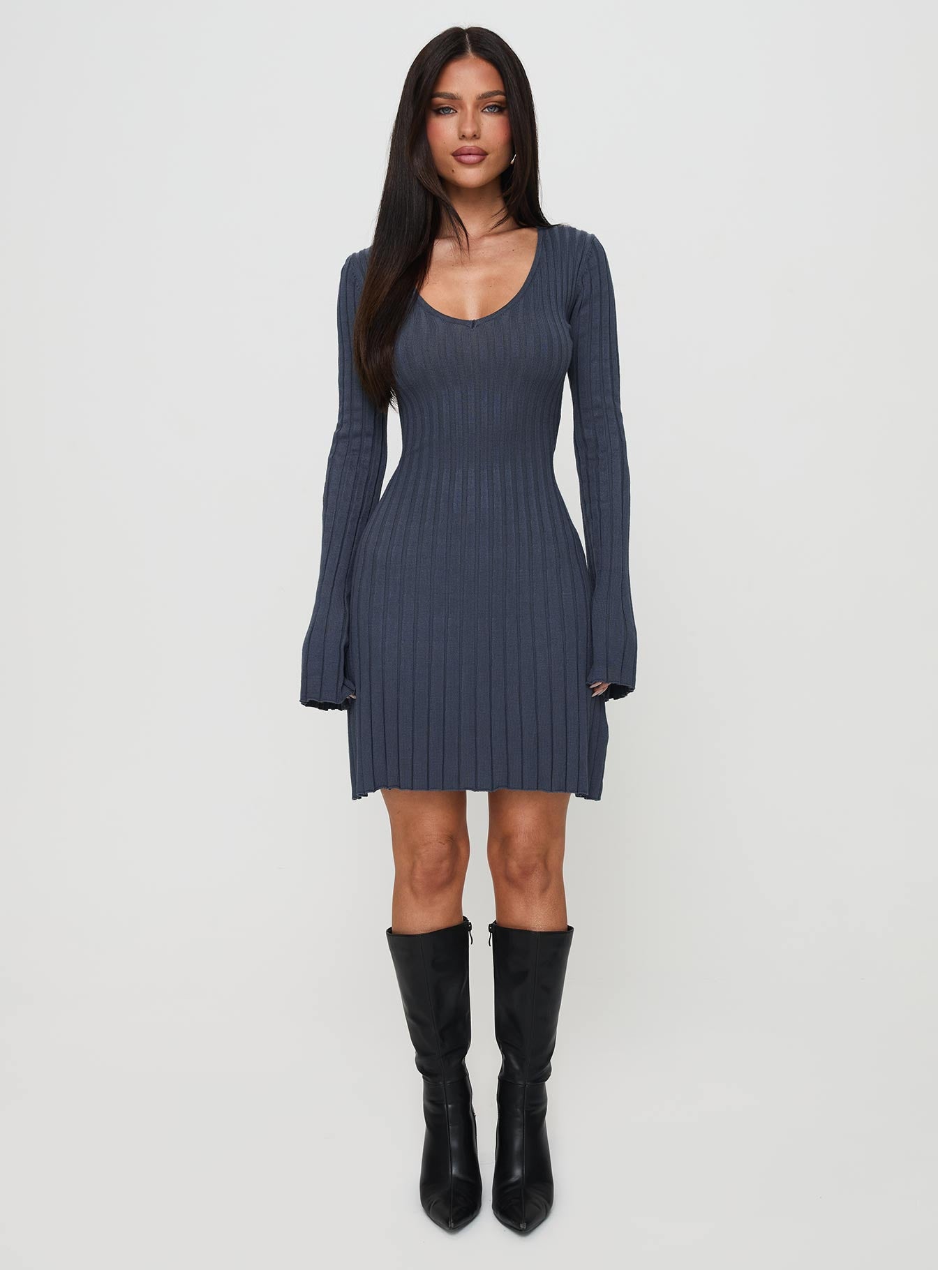 front view of model wearing Princess Polly Liberte Ribbed Long Sleeve Mini Dress Charcoal V-Neck 