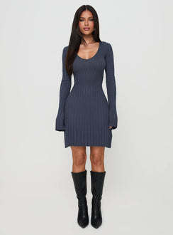 front view of model wearing Princess Polly Liberte Ribbed Long Sleeve Mini Dress Charcoal V-Neck 
