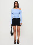 front view of model wearing Princess Polly Woolton Long Sleeve Top Blue Full Sleeves Asymmetric Neckline 