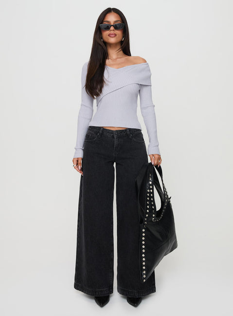 front view of model wearing Princess Polly Ribbon Stamp Wide Leg Jeans Washed Black Low Rise Jeans 