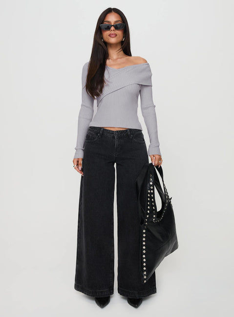 front view of model wearing Princess Polly Nolia Long Sleeve Top Grey Full Sleeves Asymmetric Neckline 