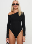 front view of model wearing Princess Polly Miyako Long Sleeve Bodysuit Black Full Sleeves Asymmetric Neckline 