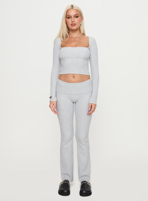 front view of model wearing Princess Polly Closed Eyes Flared Pant Grey Low Rise Pants 