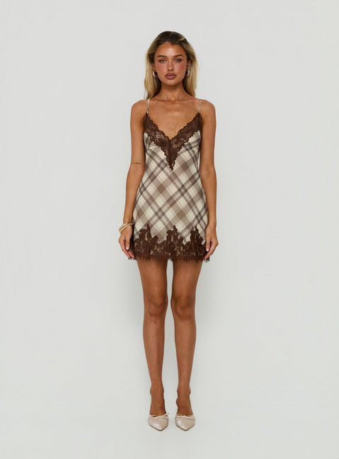 Call My Lover Lace Slip Mini Dress Brown Check