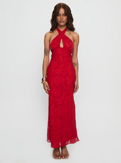 Ending Credits Halter Twist Maxi Dress Red Burnout