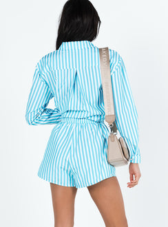 Matching set Striped print Classic collar Button front fastening Single-button cuff High waisted shorts  Drawstring waistband