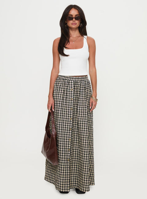  side view of model wearing Princess Polly Cartmel Check Maxi Skirt Black / Cream Maxi 