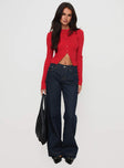 front view of model wearing Princess Polly Suzu Long Sleeve Top Red Full Sleeves High Neck 