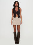 front view of model wearing Princess Polly No Hard Feelings Twist Top Brown Sleeveless Plunger 