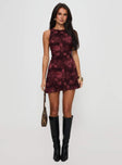 side view of model wearing Princess Polly Vivre Mini Dress Burgundy Paisley High Neck 