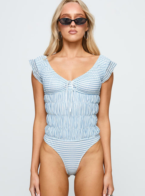 front view of model wearing Princess Polly Ahead Of Myself Off Shoulder Bodysuit Blue Stripe Short Sleeves 