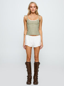 front view of model wearing Princess Polly Dalanie Tie Strap Top Green Check Sleeveless Scoop Neck 