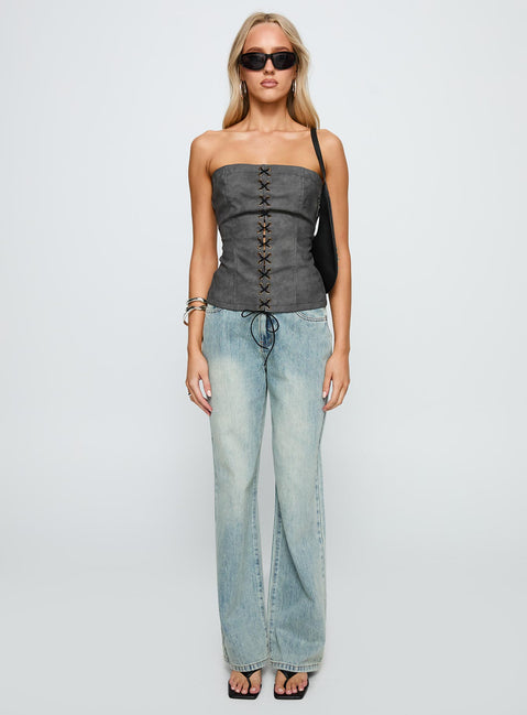 front view of model wearing Princess Polly Soft Spoken Strapless Tie Up Top Black Sleeveless straight 