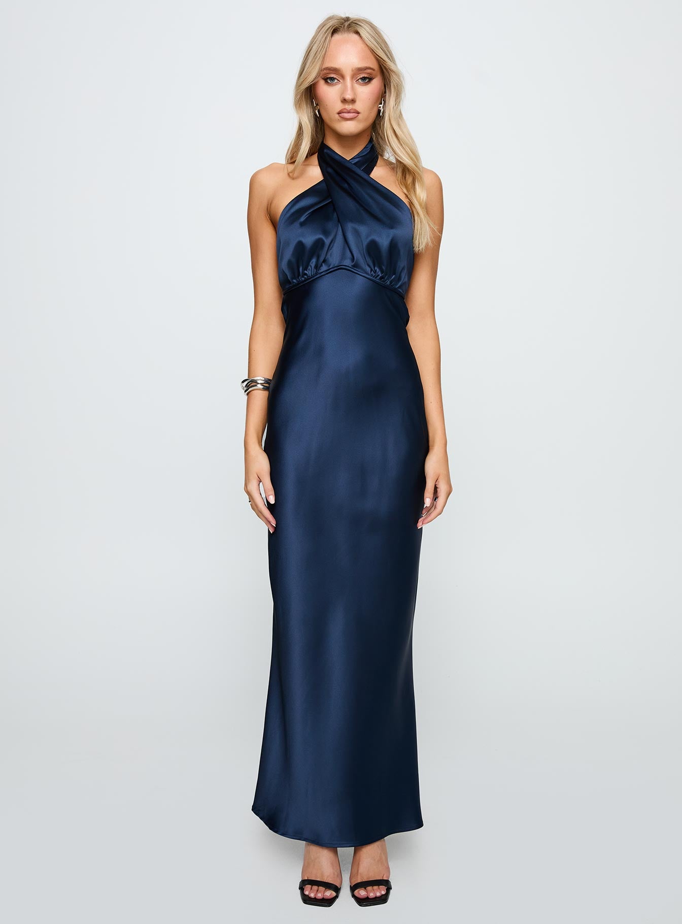 front view of model wearing Princess Polly Rosaminta Halter Maxi Dress Cobalt Blue Asymmetric Neckline 