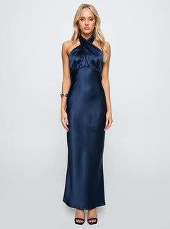 front view of model wearing Princess Polly Rosaminta Halter Maxi Dress Cobalt Blue Asymmetric Neckline 