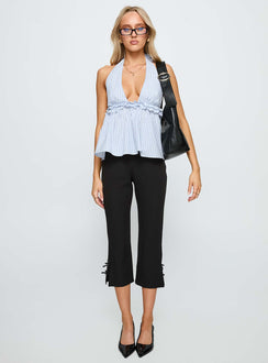 side view of model wearing Princess Polly Nautique Halter Ruched Top Blue Stripe Sleeveless Plunger 