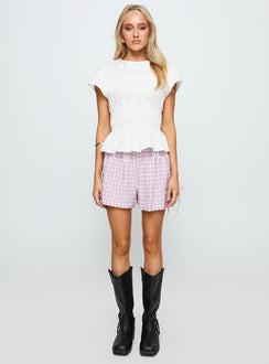 front view of model wearing Princess Polly Bubbia Tie Up Shorts Purple / White 