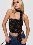 Black floral Floral crop top Strapless, bustier fit, scarf neck tie detail