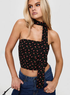 front view of model wearing Princess Polly Jontie Two-piece Scarf Top Black Floral Sleeveless straight 