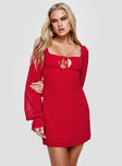 side view of model wearing Princess Polly Bayford Long Sleeve Mini Dress Red Square Neck 