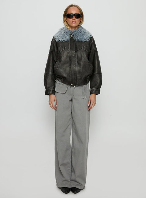 Brittanni Fluffy Collar Jacket Black / Blue