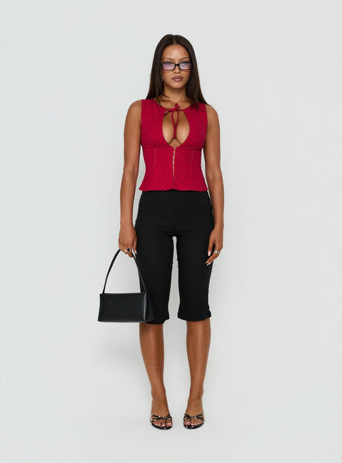 Alissea Keyhole Linen Blend Top Red Polka